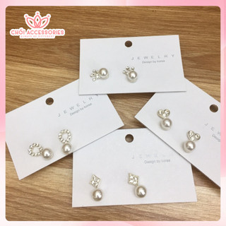 M02 Khuyên tai nụ đá sáng lấp lánh phối hạt trai nhân tạo Hàn Quốc màu bạc Chồi accessories