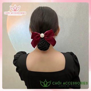 Tổng hợp cặp chụp mẫu nơ nhung cao cấp Chồi accessories, cặp tóc nơ nhung kèm chụp lưới dày - Y248