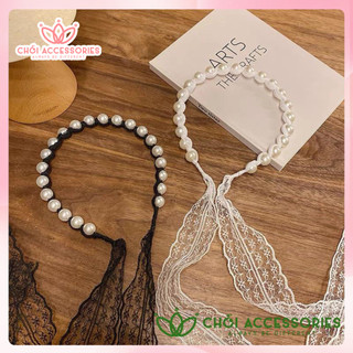 Bờm tóc nữ, băng đô hạt trai nhân tạo phối ren rủ dài Chồi accessories Y168