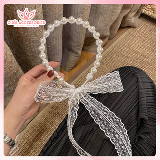 Bờm tóc nữ, băng đô hạt trai nhân tạo phối ren rủ dài Chồi accessories Y168