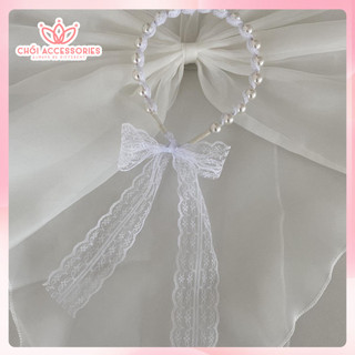 Bờm tóc nữ, băng đô hạt trai nhân tạo phối ren rủ dài Chồi accessories Y168