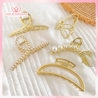 Cặp tóc kim loại màu vàng sáng bản to phối hạt trai và đá nhiều mẫu Chồi accessories K128