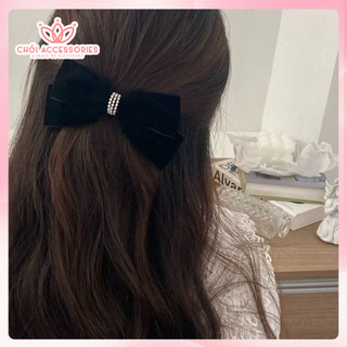 Kẹp tóc nơ nhung Chồi accessories, kẹp tóc nữ tính hạt trai nhân tạo thanh lịch Y251