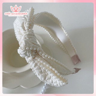 Bờm tóc vải xốp đính hạt trai nhân tạo Chồi accessories màu trắng sang chảnh cho bạn gái - Y266