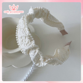 Bờm tóc vải xốp đính hạt trai nhân tạo Chồi accessories màu trắng sang chảnh cho bạn gái - Y266