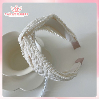 Bờm tóc vải xốp đính hạt trai nhân tạo Chồi accessories màu trắng sang chảnh cho bạn gái - Y266