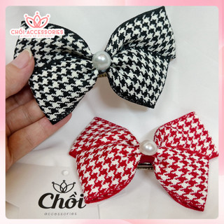 Cặp tóc nơ caro, kẹp tóc nữ tính phối hạt trai nhân tạo Chồi accessories phong cách tiểu thư Y141
