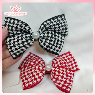 Cặp tóc nơ caro, kẹp tóc nữ tính phối hạt trai nhân tạo Chồi accessories phong cách tiểu thư Y141
