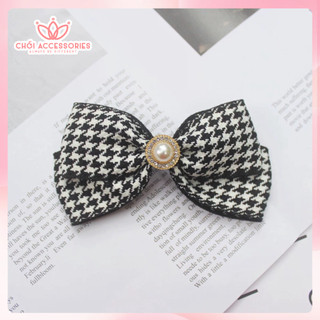 Cặp tóc nơ caro, kẹp tóc nữ tính phối hạt trai nhân tạo Chồi accessories phong cách tiểu thư Y141