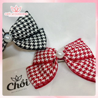 Cặp tóc nơ caro, kẹp tóc nữ tính phối hạt trai nhân tạo Chồi accessories phong cách tiểu thư Y141