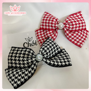 Cặp tóc nơ caro, kẹp tóc nữ tính phối hạt trai nhân tạo Chồi accessories phong cách tiểu thư Y141