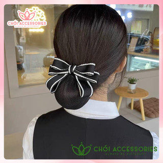 Tổng hợp, mẫu cặp nơ có kèm chụp búi tóc lưới dày hoặc mỏng dành cho nhân viên công sở, tiếp viên Chồi accessories Y088