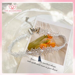 Vòng cổ ren trắng đính đá Chồi accessories, choker ren trắng tiểu thư sang chảnh B40