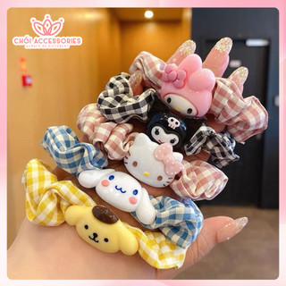 Buộc tóc vải cho bé gái, buộc tóc scrunchies caro kèm icon đáng yêu Chồi accessories K209