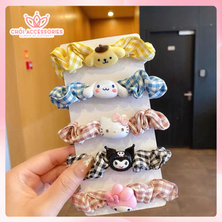 Buộc tóc vải cho bé gái, buộc tóc scrunchies caro kèm icon đáng yêu Chồi accessories K209