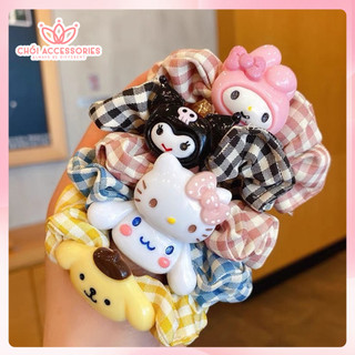 Buộc tóc vải cho bé gái, buộc tóc scrunchies caro kèm icon đáng yêu Chồi accessories K209