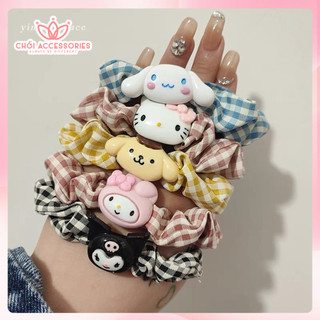 Buộc tóc vải cho bé gái, buộc tóc scrunchies caro kèm icon đáng yêu Chồi accessories K209