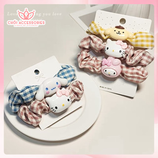 Buộc tóc vải cho bé gái, buộc tóc scrunchies caro kèm icon đáng yêu Chồi accessories K209