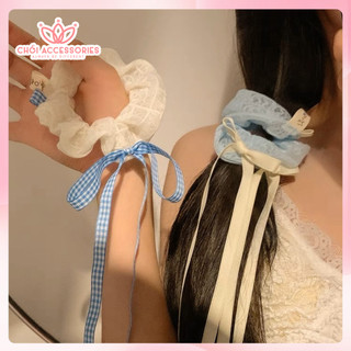 Dây buộc tóc vải scrunchies nơ rủ dài caro nữ tính đáng yêu Chồi accessories - Y071
