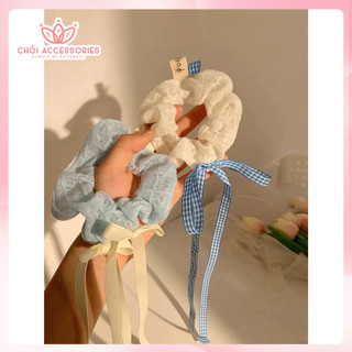 Dây buộc tóc vải scrunchies nơ rủ dài caro nữ tính đáng yêu Chồi accessories - Y071