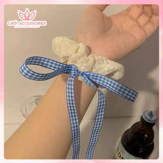 Dây buộc tóc vải scrunchies nơ rủ dài caro nữ tính đáng yêu Chồi accessories - Y071