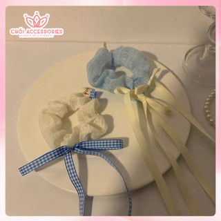 Dây buộc tóc vải scrunchies nơ rủ dài caro nữ tính đáng yêu Chồi accessories - Y071