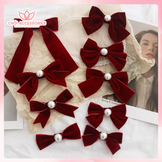 Kẹp tóc nơ cho bạn gái, kẹp tóc nơ nhung đỏ mận đính hạt trai sang chảnh Chồi accessories Y275