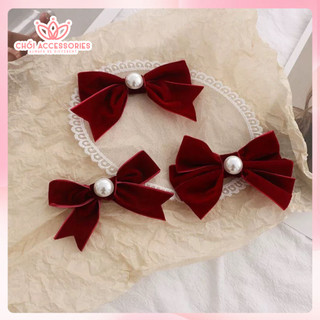 Kẹp tóc nơ cho bạn gái, kẹp tóc nơ nhung đỏ mận đính hạt trai sang chảnh Chồi accessories Y275