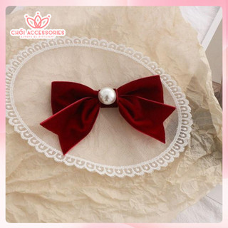 Kẹp tóc nơ cho bạn gái, kẹp tóc nơ nhung đỏ mận đính hạt trai sang chảnh Chồi accessories Y275