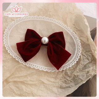 Kẹp tóc nơ cho bạn gái, kẹp tóc nơ nhung đỏ mận đính hạt trai sang chảnh Chồi accessories Y275