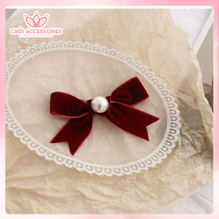 Kẹp tóc nơ cho bạn gái, kẹp tóc nơ nhung đỏ mận đính hạt trai sang chảnh Chồi accessories Y275
