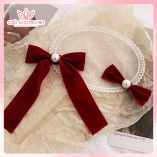 Kẹp tóc nơ cho bạn gái, kẹp tóc nơ nhung đỏ mận đính hạt trai sang chảnh Chồi accessories Y275