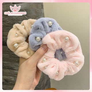 Scrunchies lông, buộc tóc lông đính hạt trai nhân tạo, buộc tóc Chồi accessories cho bạn gái - K437