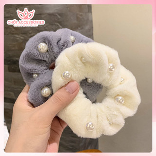 Scrunchies lông, buộc tóc lông đính hạt trai nhân tạo, buộc tóc Chồi accessories cho bạn gái - K437