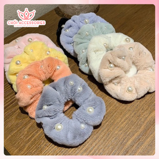 Scrunchies lông, buộc tóc lông đính hạt trai nhân tạo, buộc tóc Chồi accessories cho bạn gái - K437