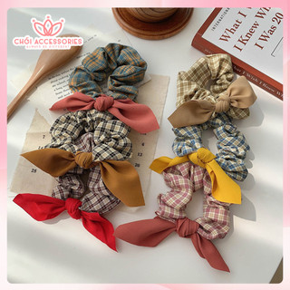 Buộc tóc nư, scrunchies cho bạn gái họa tiết caro gắn nơ thanh lịch Chồi accessories K332