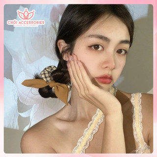 Buộc tóc nư, scrunchies cho bạn gái họa tiết caro gắn nơ thanh lịch Chồi accessories K332