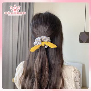 Buộc tóc nư, scrunchies cho bạn gái họa tiết caro gắn nơ thanh lịch Chồi accessories K332