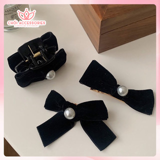 Kẹp tóc nơ nhung đính hạt trai nhân tạo, cài tóc nhung đáng yêu Chồi accessories - Y218