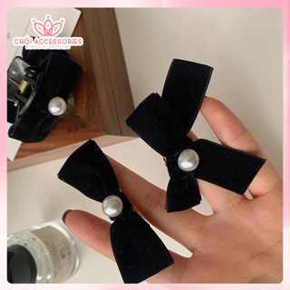 Kẹp tóc nơ nhung đính hạt trai nhân tạo, cài tóc nhung đáng yêu Chồi accessories - Y218