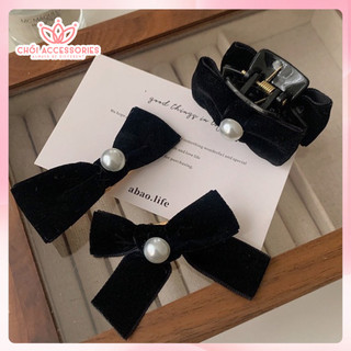 Kẹp tóc nơ nhung đính hạt trai nhân tạo, cài tóc nhung đáng yêu Chồi accessories - Y218