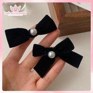 Kẹp tóc nơ nhung đính hạt trai nhân tạo, cài tóc nhung đáng yêu Chồi accessories - Y218