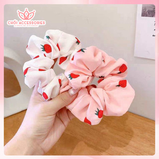 Buộc tóc cho bạn gái, scrunchies vải lụa mỏng hình trái dâu đáng yêu Chồi accessories K074