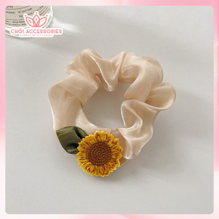 Buộc tóc scrunchies vải ánh nhũ lấp lánh phối hoa hướng dương xinh xắn Chồi accessories K040