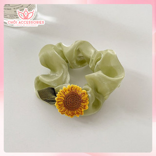 Buộc tóc scrunchies vải ánh nhũ lấp lánh phối hoa hướng dương xinh xắn Chồi accessories K040