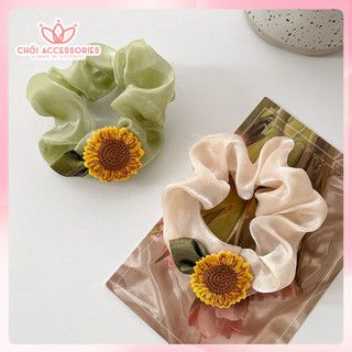 Buộc tóc scrunchies vải ánh nhũ lấp lánh phối hoa hướng dương xinh xắn Chồi accessories K040