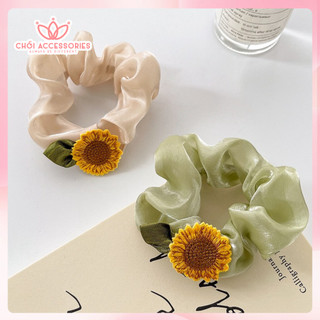 Buộc tóc scrunchies vải ánh nhũ lấp lánh phối hoa hướng dương xinh xắn Chồi accessories K040