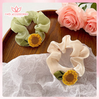 Buộc tóc scrunchies vải ánh nhũ lấp lánh phối hoa hướng dương xinh xắn Chồi accessories K040
