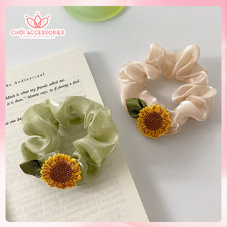 Buộc tóc scrunchies vải ánh nhũ lấp lánh phối hoa hướng dương xinh xắn Chồi accessories K040