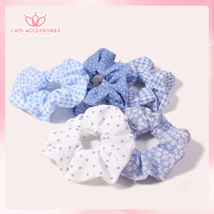 Dây buộc tóc Scrunchies hoạ tiết caro, chấm bi màu xanh dễ thương Chồi accessories K076